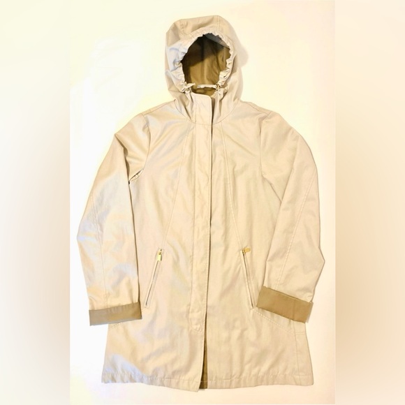 *Host Pick* Jones NY Trenchcoat Hood Raincoat Jacket Gold Zipper A-line Parka - Picture 4 of 14